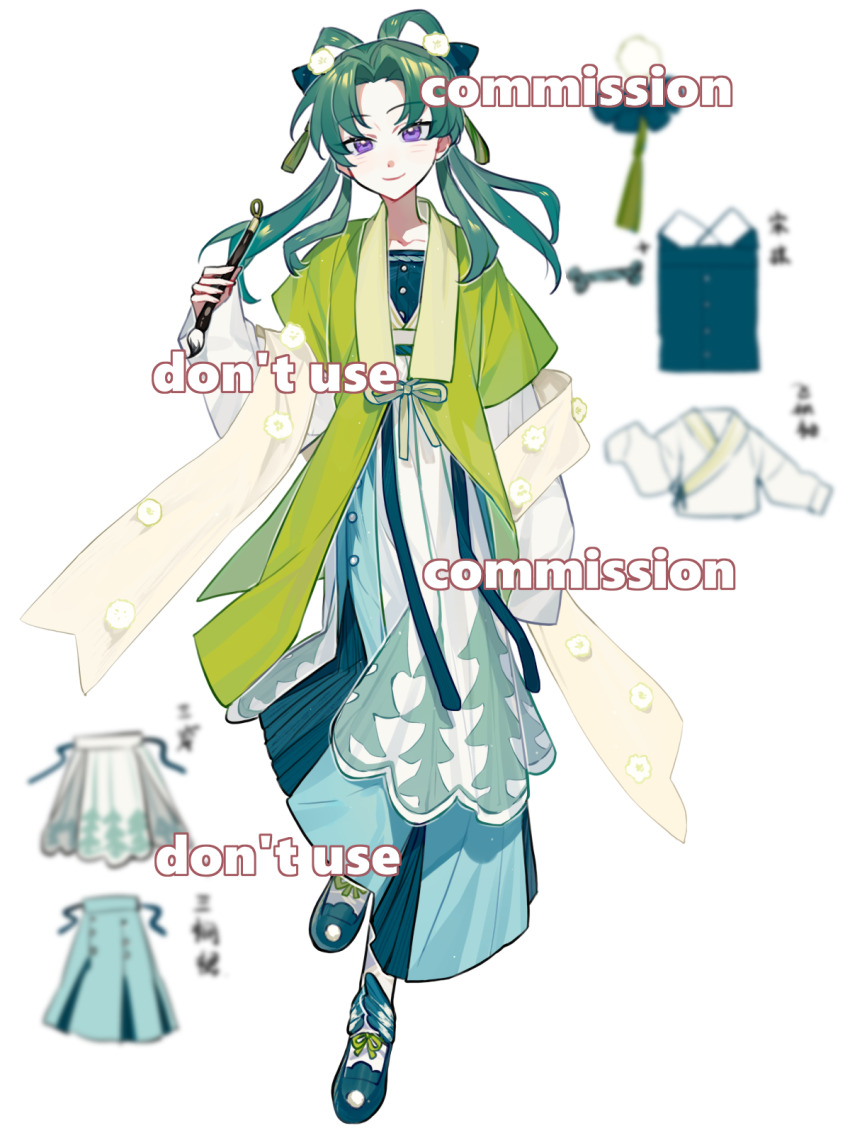 1girl a-junk bad_source beizi_(clothing) blue_shoes blurry bow calligraphy_brush chinese_clothes earrings english_text full_body green_hair hair_bow hair_ornament hair_ribbon hair_rings hanfu highres holding holding_calligraphy_brush holding_paintbrush jewelry layered_sleeves long_hair long_sleeves looking_at_viewer original paintbrush purple_eyes ribbon shawl shoes simple_background smile solo standing white_background wide_sleeves