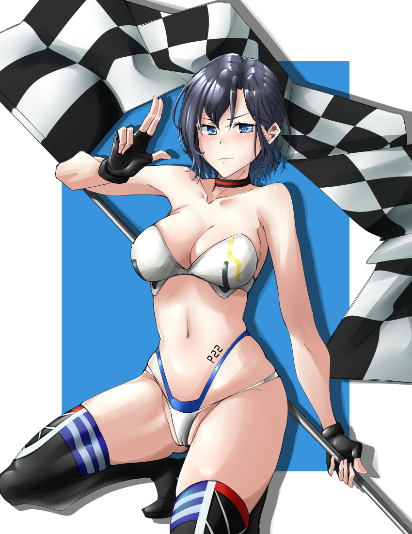 1girl absurdres armpit_crease bare_shoulders black_gloves blue_eyes blue_panties blush breasts checkered_flag choker cleavage closed_mouth collarbone cropped_jacket embarrassed fingerless_gloves flag girls&#039;_frontline gloves gluteal_fold grey_hair groin highleg highleg_panties highres holding holding_flag looking_at_viewer medium_breasts mons_pubis navel nym+_(nymplus) official_alternate_costume open_clothes p22_(girls&#039;_frontline) p22_(pulsing_dash)_(girls&#039;_frontline) panties race_queen short_hair skindentation solo squatting stomach stomach_tattoo strapless tattoo thighhighs thighs thong underwear v-shaped_eyebrows white_panties zettai_ryouiki