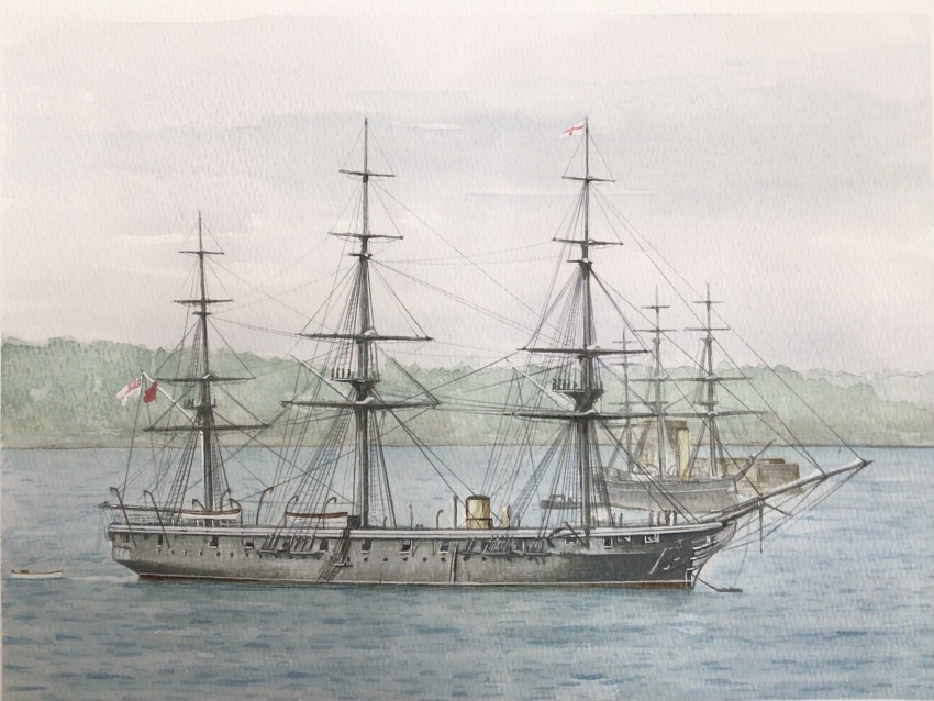 atelier_bono cable frigate highres hms_wolverine_(1863) mast military_vehicle no_humans ocean original painting_(medium) photo-referenced royal_navy ship smokestack traditional_media vehicle_focus warship watercolor_(medium) watercraft