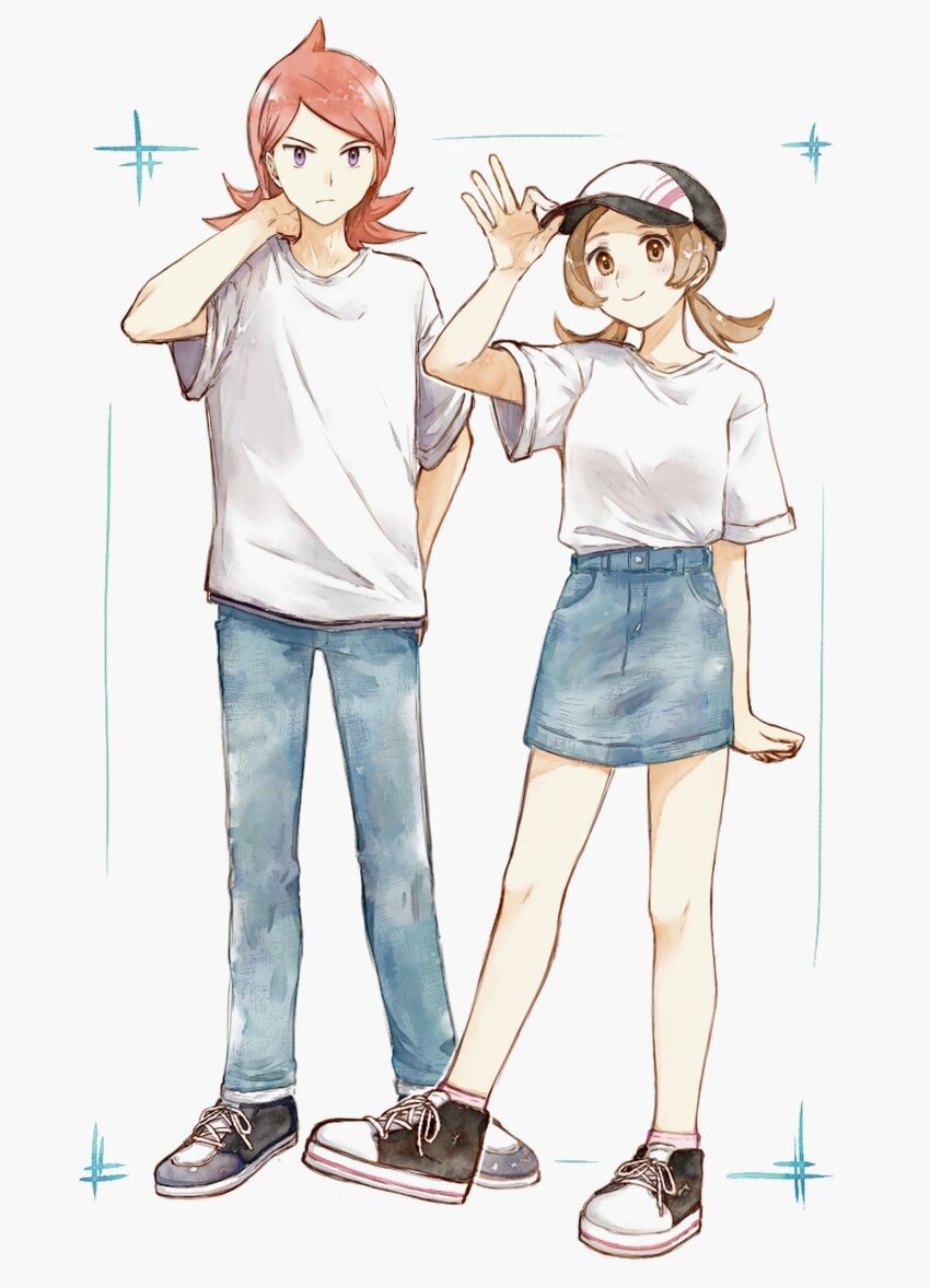 1boy 1girl alternate_costume asuka_rkgk black_footwear black_hat brown_hair commentary_request cowlick creatures_(company) denim denim_skirt game_freak hand_on_headwear hand_up hat highres knees lyra_(pokemon) nintendo pants pink_socks pokemon pokemon_hgss shirt shoes short_sleeves silver_(pokemon) skirt sneakers socks standing t-shirt white_background white_shirt