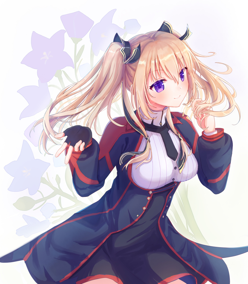 1girl blonde_hair breasts flower highres logviec maou_gakuin_no_futekigousha medium_breasts necktie purple_eyes sasha_necron skirt smile twintails v