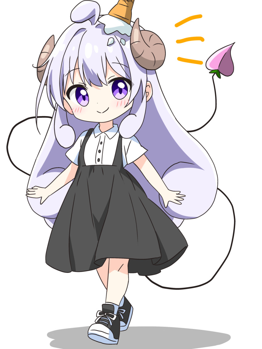 1girl ahoge black_footwear black_skirt blush brown_horns closed_mouth collared_shirt commentary_request curled_horns curly_hair demon_girl demon_tail dot_nose full_body highres horns ice_cream_cone ice_cream_cone_on_head kotatsu-mazoku lilith_(machikado_mazoku) lilith_(machikado_mazoku)_(homunculus) long_hair looking_at_viewer machikado_mazoku notice_lines purple_eyes purple_hair shirt shoes short_sleeves sidelocks simple_background skirt smile sneakers solo suspender_skirt suspenders tail walking white_background white_shirt