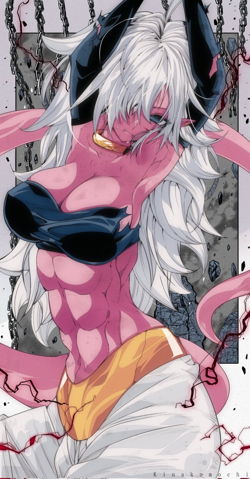 1girl abs android_21 arabian_clothes blue_eyes breasts chain colored_skin dragon_ball dragon_ball_fighterz dragonball_z dress highres kinakomochi_(user_vedc2333) large_breasts long_hair majin_android_21 muscular muscular_female navel pink_skin pointy_ears spiked_hair tail torn_clothes torn_dress white_hair wounds