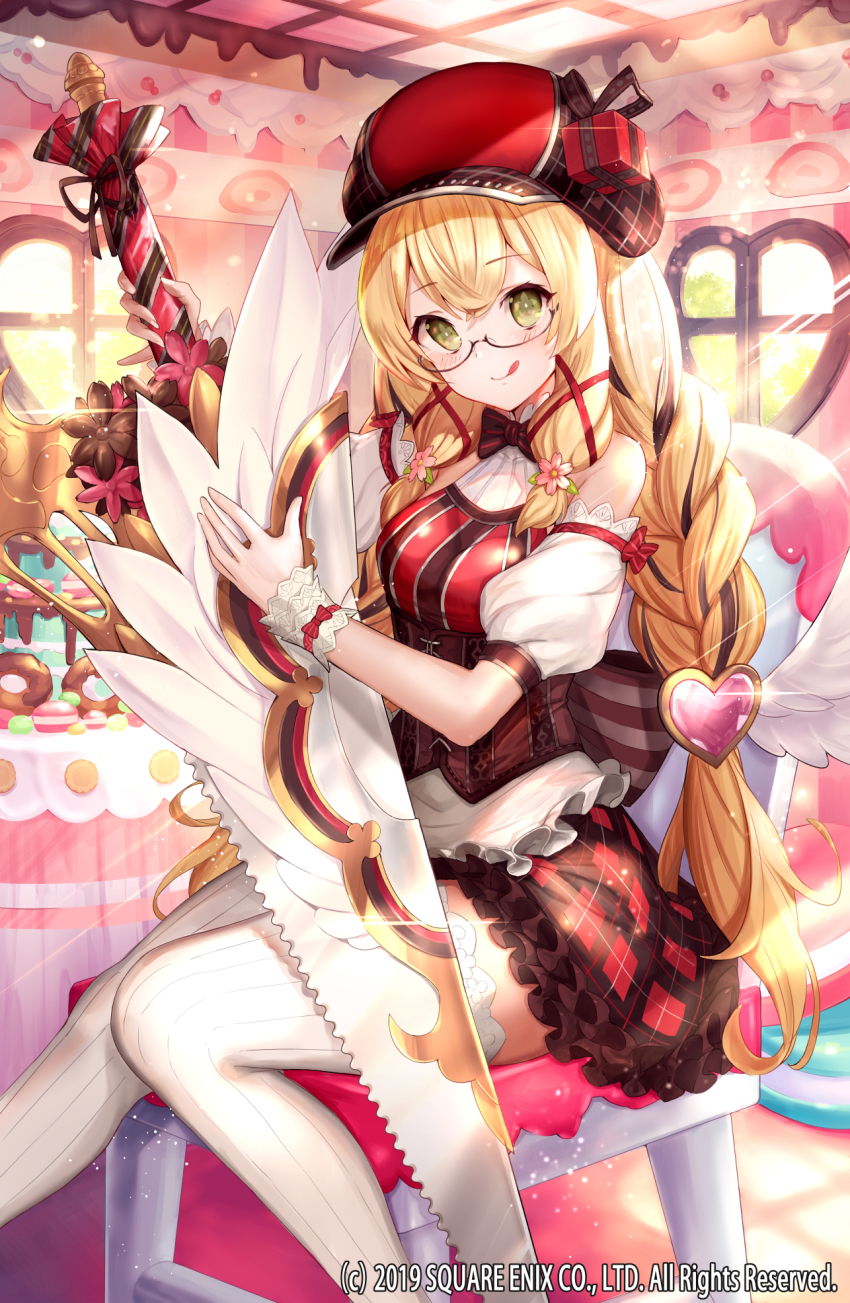 1girl blonde_hair braid breasts cake chair copyright_notice food frills glasses green_eyes grimms_echoes hat highres holding holding_sword holding_weapon jorinde_(grimms_echoes) long_hair matsumoto_mitsuaki official_art red_hat sitting skirt smile socks solo sword tongue tongue_out weapon white_socks