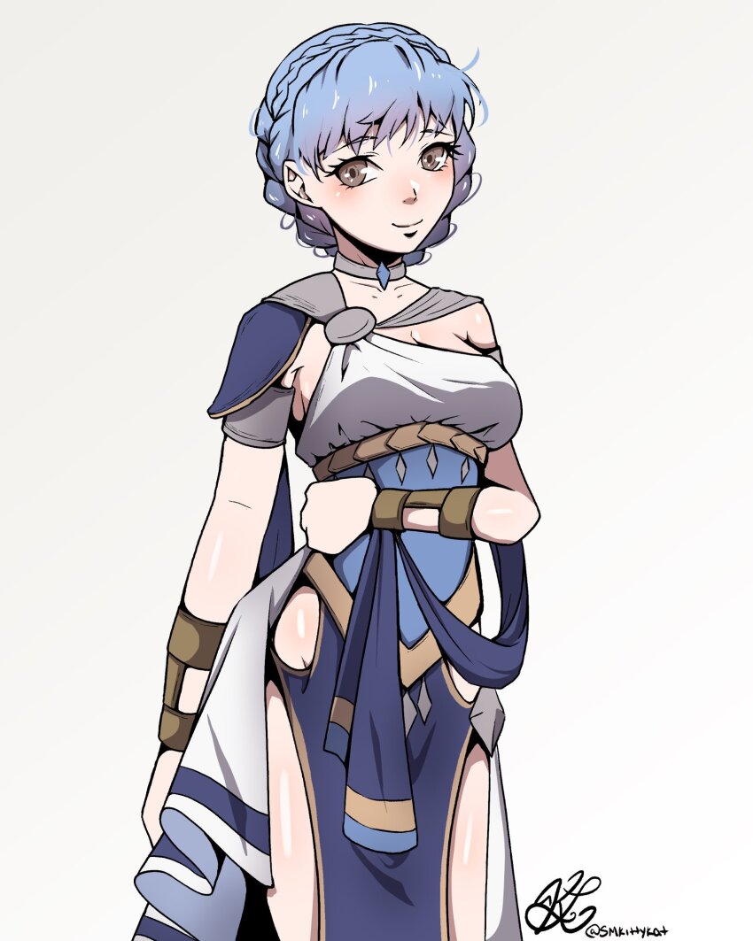 1girl armlet blue_hair braid breasts cleavage commentary cowboy_shot crown_braid dancer_(fire_emblem:_three_houses) dress fire_emblem fire_emblem:_three_houses grey_background grey_eyes highres jewelry looking_at_viewer marianne_von_edmund medium_breasts nintendo short_hair simple_background single-shoulder_dress smile smkittykat solo standing white_dress