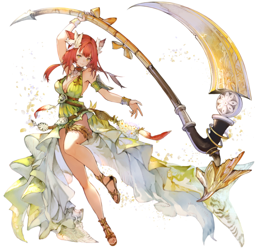 1girl animal_ears armlet bangle bracelet breasts cat_ears cat_girl cleavage commission cosplay dress feathers final_fantasy final_fantasy_xiv flower green_dress hair_ornament halter_dress halterneck holding holding_scythe jewelry kemomin_nosuke large_breasts leaf_hair_ornament low_twintails miqo&#039;te nophica nophica_(cosplay) red_hair sandals scythe skeb_commission sleeveless sleeveless_dress solo thigh_strap twintails warrior_of_light_(ff14) white_background yellow_eyes