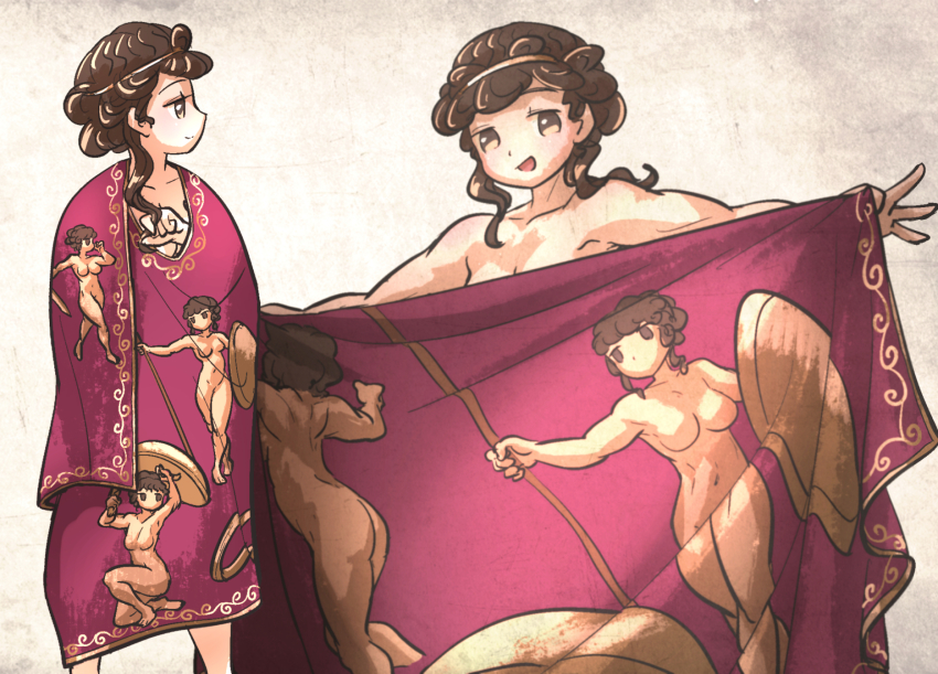 ancient_greek_clothes ass breasts brown_eyes brown_hair circlet embroidery greco-roman_clothes highres holding holding_polearm holding_shield holding_weapon ironlily navel nude original polearm robe shield toga weapon