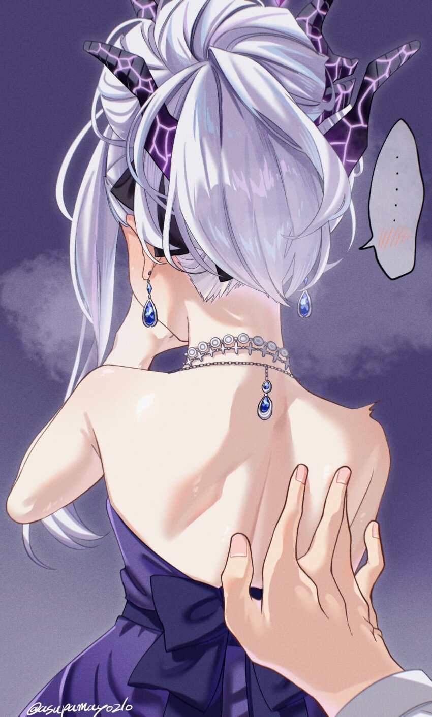 ... 1boy 1girl asupa_mayo0210 back back_bow bare_shoulders black_bow black_horns blue_archive blush bow commentary_request demon_horns dress ear_blush earrings embarrassed evening_gown fingernails floating_earring from_behind grey_hair hand_on_another&#039;s_back hetero highres hina_(blue_archive) hina_(dress)_(blue_archive) horns jewelry long_hair multiple_horns necklace official_alternate_costume official_alternate_hairstyle pov pov_hands purple_background purple_dress simple_background solo_focus speech_bubble spoken_ellipsis strapless strapless_dress twitching twitter_username upper_body