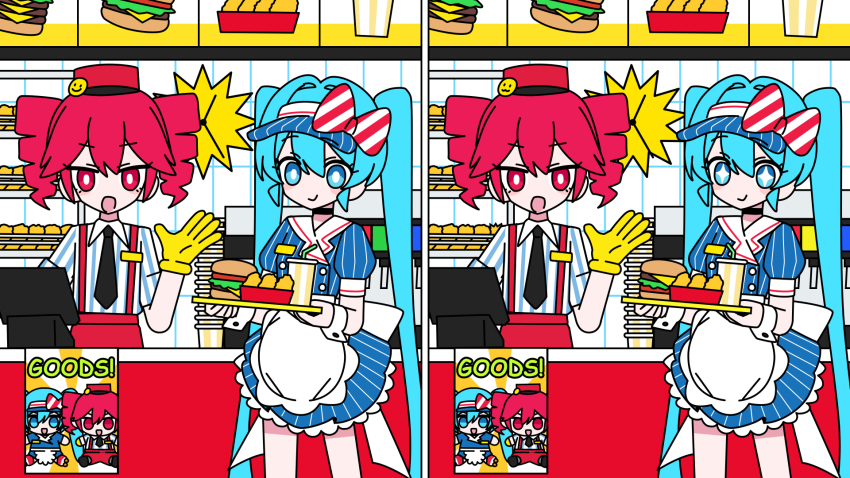 +_+ apron aqua_hair black_choker black_necktie blue_hat bow burger channel_(caststation) chicken_nuggets choker commentary cup disposable_cup drill_hair english_commentary food gloves hair_between_eyes hat hat_bow hatsune_miku highres holding holding_tray kasane_teto long_hair looking_at_viewer mesmerizer_(vocaloid) multiple_girls necktie official_art open_mouth red_eyes red_hair red_hat shirt sign smile spot_the_differences striped_bow striped_clothes striped_shirt suspenders tray twin_drills twintails utau very_long_hair visor_cap vocaloid waist_apron waitress wrist_cuffs yellow_gloves