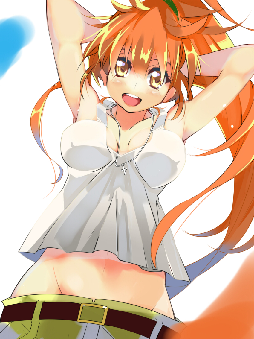 1girl arms_behind_head belt blaze_(blazeillust) breasts cleavage covered_erect_nipples cross cross_necklace female_focus from_below full_metal_panic! full_metal_panic!_invisible_victory groin hair_between_eyes highres jewelry long_hair looking_at_viewer medium_breasts midriff nami_(full_metal_panic!) necklace no_bra open_mouth orange_eyes orange_hair ponytail simple_background smile solo tank_top white_background