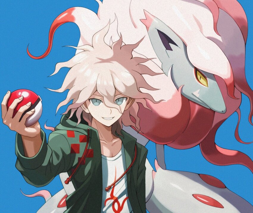 1boy animal_ears big_hair blue_background body_fur colored_sclera creatures_(company) danganronpa_(series) danganronpa_2:_goodbye_despair eyeshadow fingernails game_freak green_jacket grey_fur hair_between_eyes hand_up highres hisuian_zoroark holding holding_poke_ball hood hood_down hooded_jacket jacket komaeda_nagito looking_at_viewer makeup male_focus messy_hair multicolored_hair neck_fur nintendo parted_lips poke_ball poke_ball_(basic) pokemon pokemon_(creature) print_shirt red_eyeshadow red_fur shirt smile snout standing two-tone_fur white_fur white_hair white_shirt yellow_eyes yellow_sclera zero_(sleepy_meltan)