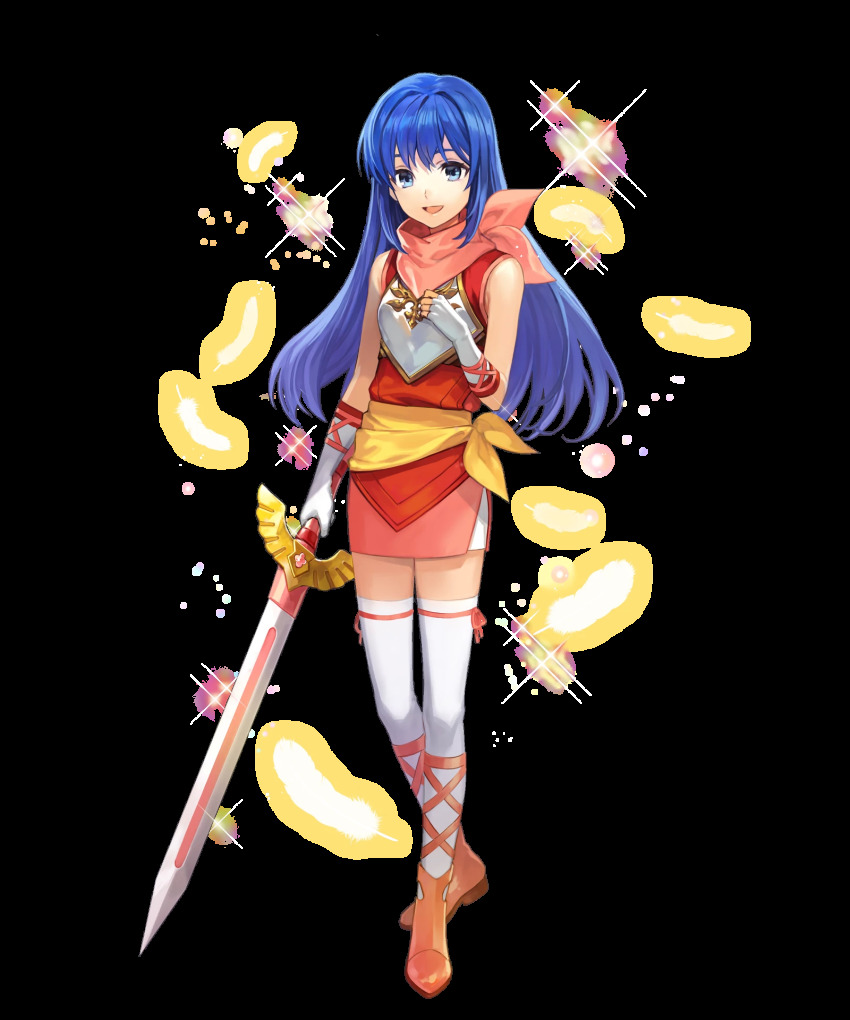 1girl aged_down armor bare_shoulders blue_eyes blue_hair caeda_(fire_emblem) dress female_focus fingerless_gloves fire_emblem fire_emblem:_mystery_of_the_emblem fire_emblem_heroes full_body gloves hakou_(barasensou) highres holding holding_sword holding_weapon long_hair matching_hair/eyes nintendo official_art short_dress sleeveless solo sparkle standing sword thighhighs transparent_background weapon white_gloves white_thighhighs