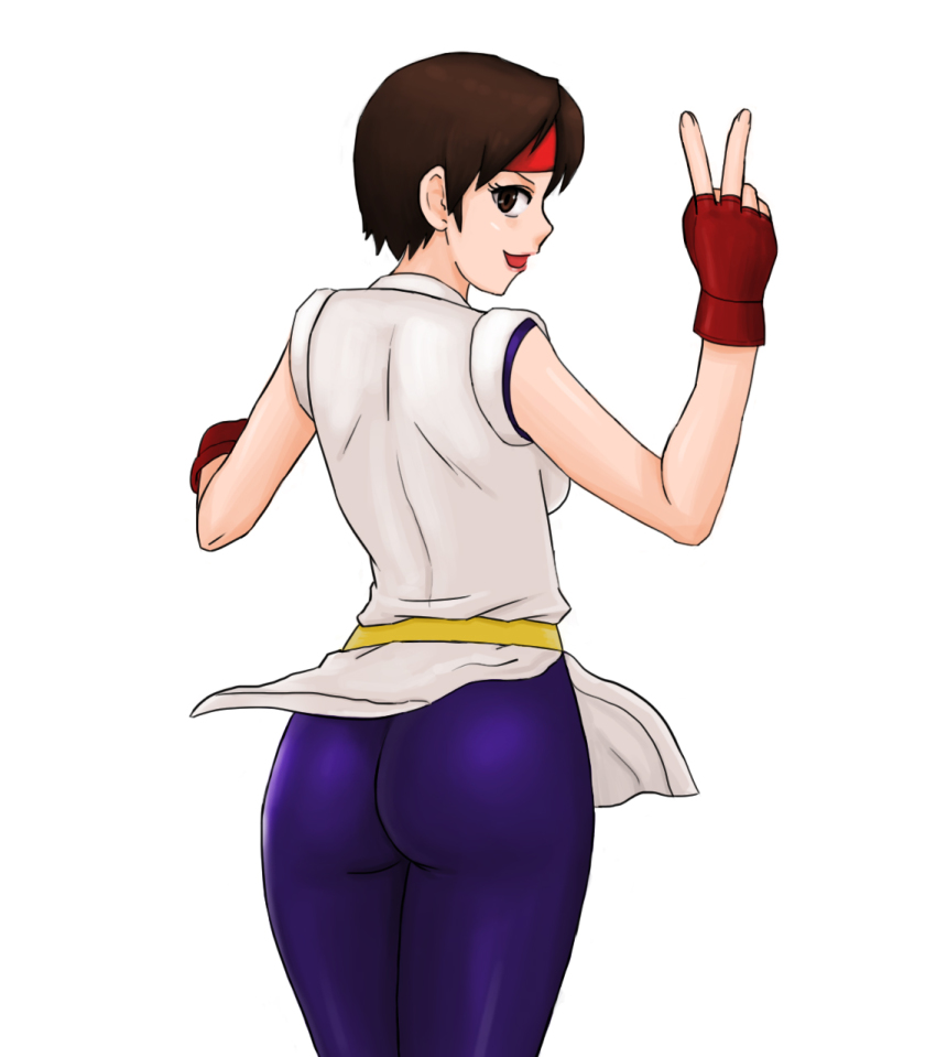 1girl ass blush boongari brown_eyes brown_hair dougi female_focus fingerless_gloves gloves headband highres ryuuko_no_ken short_hair snk solo spandex the_king_of_fighters the_king_of_fighters_xiii yuri_sakazaki