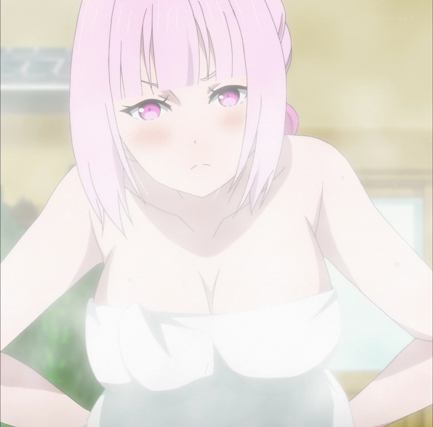 1girl :&lt; angel_white anime_screenshot blush breasts cleavage closed_mouth collarbone eyelashes female_focus highres large_breasts long_hair looking_at_viewer maou-sama_retry! onsen pink_hair serious solo stitched third-party_edit towel