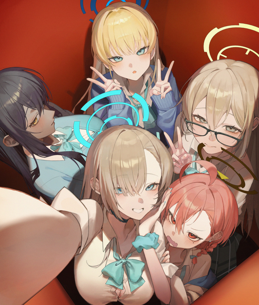 5girls absurdres ahoge akane_(blue_archive) asuna_(blue_archive) black_choker black_hair blonde_hair blue_archive blue_bow blue_bowtie blue_cardigan blue_eyes blue_halo blue_jacket blush bow bowtie braid breasts brown_hair cardigan choker cleaning_&amp;_clearing_(blue_archive) collarbone dark-skinned_female dark_skin double_v glasses grey_eyes hair_between_eyes hair_over_one_eye halo highres jacket karin_(blue_archive) large_breasts long_hair long_sleeves looking_at_viewer may.l mole mole_under_eye multiple_girls neru_(blue_archive) official_alternate_costume open_mouth orange_hair orange_halo red_eyes selfie shirt single_braid sleeves_rolled_up smile toki_(blue_archive) v very_long_hair white_shirt yellow_eyes yellow_halo