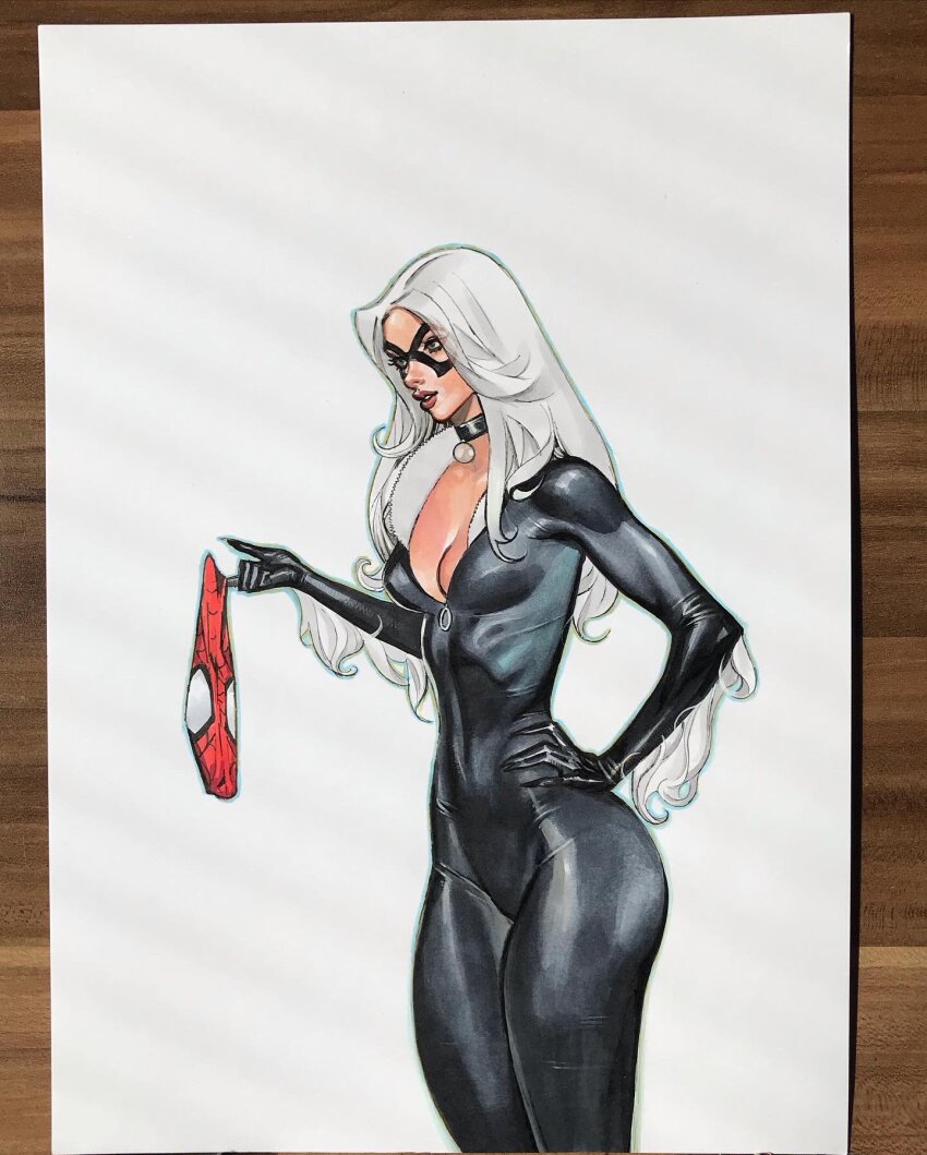 1girl artofcelor black_bodysuit black_cat_(marvel) black_choker black_mask bodysuit breasts choker cleavage domino_mask felicia_hardy hand_on_own_hip highres holding holding_mask long_hair marvel mask medium_breasts photo_(medium) solo spider-man_(series) white_background white_hair