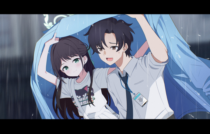 1boy 1girl absurdres airi_(band)_(blue_archive) airi_(blue_archive) arms_up bag belt black_hair blue_archive blue_jacket blue_necktie blurry blurry_background blush bow brown_eyes chain collared_shirt commentary commentary_request english_commentary green_bow green_eyes green_halo hair_bow halo highres holding id_card jacket korean_commentary letterboxed long_hair necktie official_alternate_costume open_clothes open_jacket open_mouth outdoors oversized_jacket poorunii rain schale_logo sensei_(blue_archive) sensei_(blue_archive_the_animation) shirt short_hair short_sleeves shoulder_bag skirt smile sweatdrop t-shirt upper_body white_shirt white_skirt