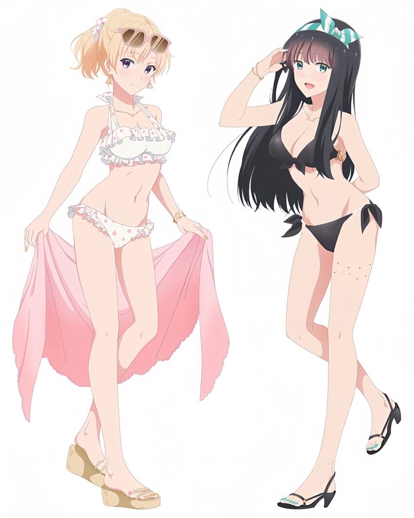 2girls ayase_saki bikini black_bikini black_eyes black_hair blonde_hair blush breasts cleavage earrings gimai_seikatsu glasses glasses_on_head green_eyes green_nails green_ribbon hair_ribbon highres jewelry long_hair looking_at_viewer magazine_request magazine_scan medium_breasts medium_hair multiple_girls nail_polish navel open_mouth orange_nails polka_dot polka_dot_swimsuit ponytail ribbon scan short_hair smile stomach sunglasses sunglasses_on_head swimsuit towel triangle_earrings white_background white_bikini white_ribbon yomiuri_shiori