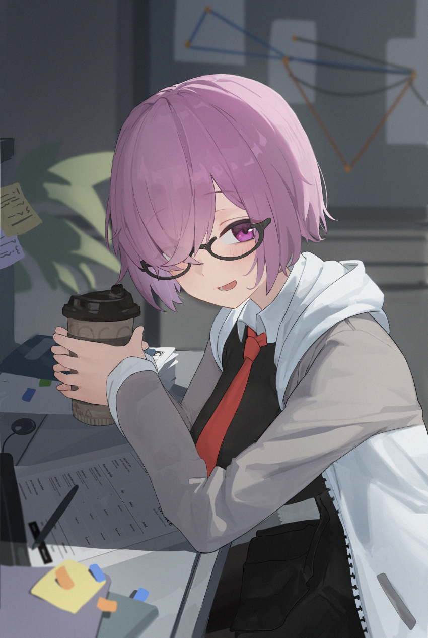 1girl absurdres black-framed_eyewear blush commentary_request cup elbows_on_table fate/grand_order fate_(series) glasses grey_jacket hair_over_one_eye highres holding holding_cup hood hood_down hooded_jacket jacket looking_at_viewer mash_kyrielight mglame necktie open_mouth paper_stack purple_eyes purple_hair red_necktie revision semi-rimless_eyewear shirt short_hair smile solo sticky_note white_shirt