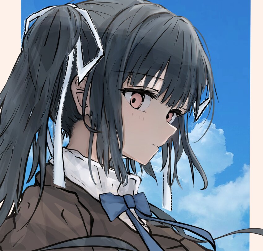 1girl black_hair blue_bow blue_bowtie blue_sky bow bowtie close-up closed_mouth commentary day eyelashes hair_between_eyes hair_ribbon highres honma_misuzu lace lace-trimmed_ribbon lace_trim light_blush light_smile long_hair looking_at_viewer okamic outdoors pink_eyes ribbon sakura_no_toki school_uniform sidelocks sky solo tsurime twintails white_ribbon