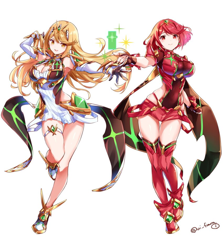 blonde_hair breasts full_body large_breasts multiple_girls mythra_(xenoblade) pyra_(xenoblade) red_eyes red_hair ui_frara xenoblade_chronicles_(series) xenoblade_chronicles_2 yellow_eyes