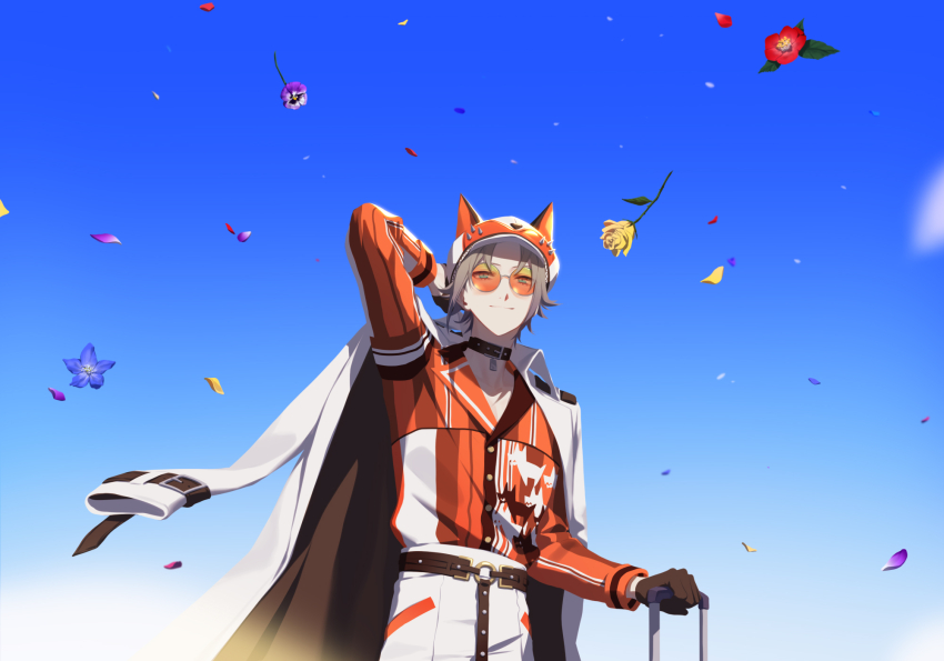 13_(bbr584607091) 1boy animal_ear_headwear animal_ears belt black_belt black_gloves blue_eyes brown_hair coat coat_on_shoulders collared_shirt fake_animal_ears flower fox_hat glasses gloves highres male_focus multicolored_clothes mysta_rias mysta_rias_(1st_costume) nijisanji nijisanji_en orange_shirt pants parted_bangs purple_flower red_flower rose round_eyewear shirt smile solo striped_clothes striped_shirt vertical-striped_clothes vertical-striped_shirt virtual_youtuber white_coat white_pants yellow_flower yellow_rose