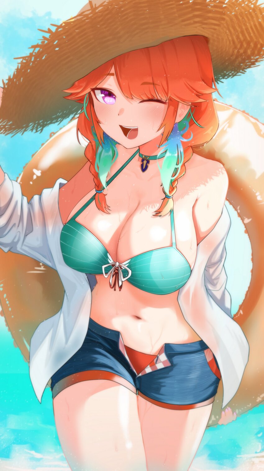 1girl ;d absurdres bikini_under_shorts blue_sky braid breasts choker cleavage cloud feathers green_choker hat highres holding holding_swim_ring hololive hololive_english innertube knbd large_breasts long_hair looking_at_viewer multicolored_hair navel off_shoulder one_eye_closed open_fly open_mouth orange_hair pink_eyes shirt short_shorts shorts sky smile solo straw_hat streaked_hair swim_ring takanashi_kiara takanashi_kiara_(casual) twin_braids virtual_youtuber wet wet_clothes wet_shirt white_shirt