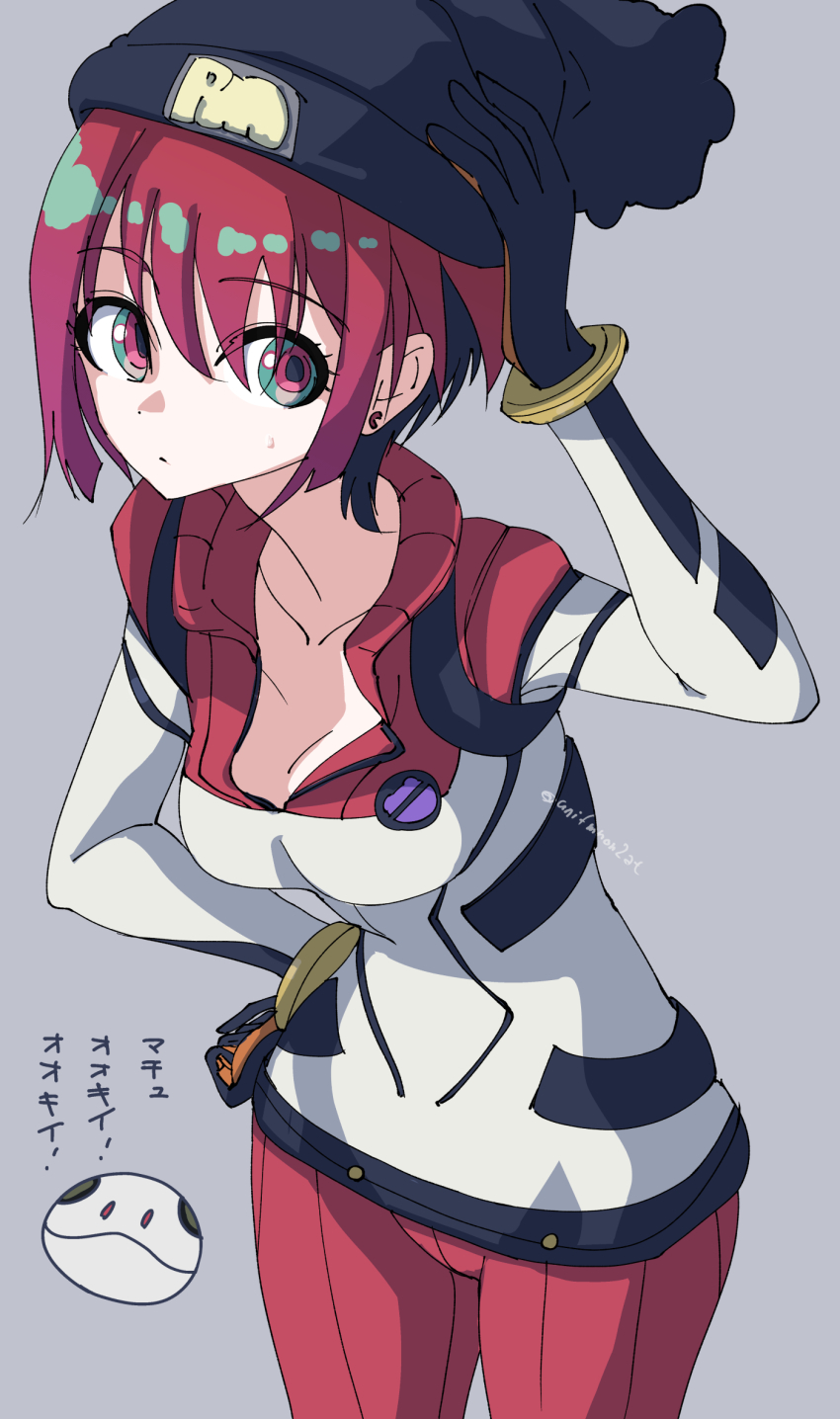 1girl amate_yuzuriha aqua_eyes bodysuit breasts closed_mouth earrings fumino5jyo gundam gundam_gquuuuuux haro hat highres jewelry looking_at_viewer mecha_pilot_suit multicolored_bodysuit multicolored_clothes normal_suit red_hair robot science_fiction short_hair simple_background sweatdrop