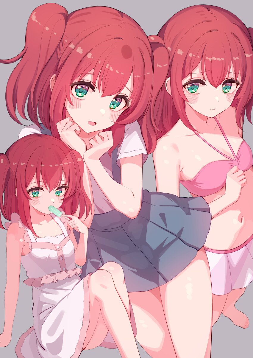 1girl absurdres bikini birthday blush breasts collarbone commentary cream_(nipakupa) eating food green_eyes highres holding holding_food holding_popsicle kurosawa_ruby looking_at_viewer love_live! love_live!_sunshine!! medium_hair multiple_views popsicle red_hair sidelocks small_breasts swimsuit two_side_up