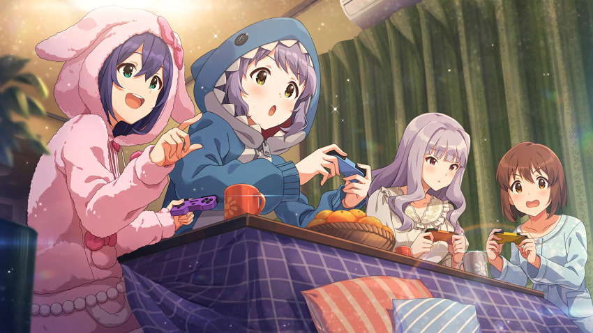 4girls animal_hood blue_eyes blue_hair brown_eyes brown_hair controller cup food fruit game_cg grey_hair hagiwara_yukiho highres hood idolmaster idolmaster_million_live! idolmaster_million_live!_theater_days leaf makabe_mizuki mochizuki_anna mug multiple_girls official_art open_mouth pajamas pillow pink_pajamas playing_games pointing purple_eyes purple_hair shark_hood shijou_takane sparkle table yellow_eyes