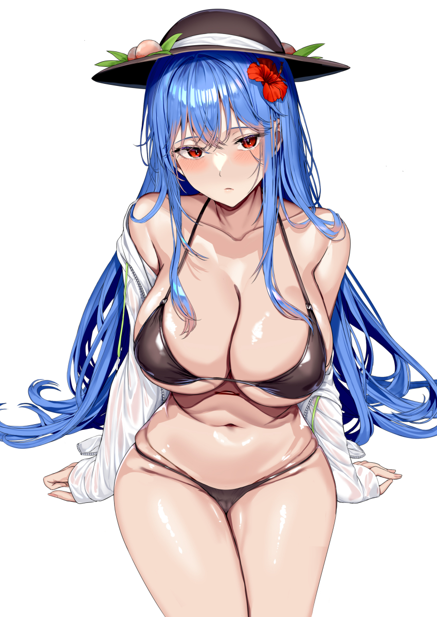 1girl absurdres bikini black_bikini black_headwear blue_hair breasts cameltoe cleavage closed_mouth flower food fruit groin hair_flower hair_ornament highres hinanawi_tenshi large_breasts leaf long_hair looking_at_viewer navel neropaso peach red_eyes red_flower shiny_skin simple_background solo swimsuit touhou white_background