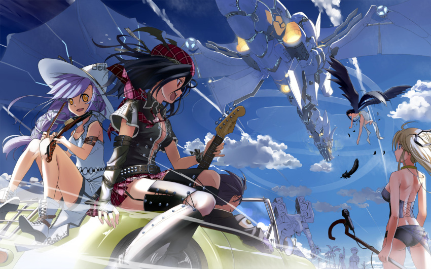 4girls ass beek belt car dragon feathers guitar hat highres instrument mabinogi mechanical microphone morrighan motor_vehicle multiple_girls nao_(mabinogi) panties staff underwear vehicle violin wings witch_hat