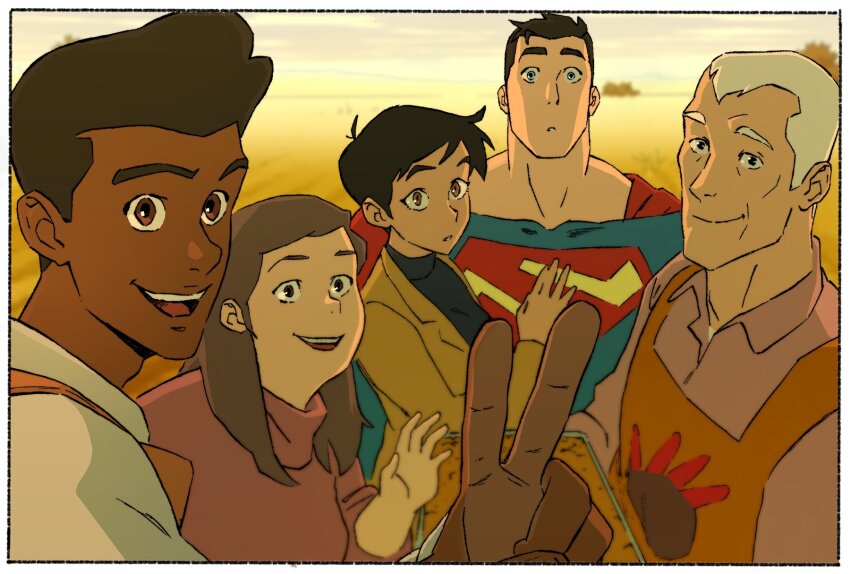 2girls 4boys :d apron black_border black_hair blue_eyes border brown_eyes brown_hair clark_kent collared_shirt dark-skinned_female dark-skinned_male dark_skin dc_comics field highres jacket jake_wyatt jimmy_olsen jonathan_kent_sr. lois_lane martha_kent multiple_boys multiple_girls my_adventures_with_superman official_art open_mouth shirt smile superhero_costume superman superman_(series) sweater turtleneck turtleneck_sweater v white_hair