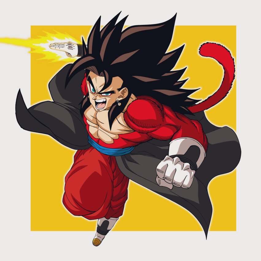 black_hair blue_eyes blue_sash body_fur dougi dragon_ball dragon_ball_heroes earrings gloves highres jewelry long_hair male_focus monkey_boy monkey_tail muscular muscular_male no_nipples pants pectorals potara_earrings qcumber_illust red_fur saiyan sash spiked_hair super_saiyan super_saiyan_4 tail time_patrol_(dragon_ball) vegetto vegetto_(xeno)