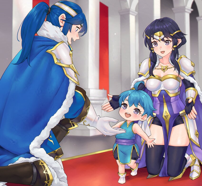 1boy 2girls absurdres ahoge alternate_costume armor baby black_hair blue_hair boots breastplate breasts cape child commission commissioner_upload couple family father_and_daughter fire_emblem fire_emblem:_genealogy_of_the_holy_war gloves hallway headband highres if_they_mated igni_tion larcei_(fire_emblem) long_hair medium_breasts mother_and_daughter multiple_girls nintendo official_alternate_costume original ponytail seliph_(fire_emblem) short_hair shoulder_armor sidelocks thighhighs tiara tomboy white_headband