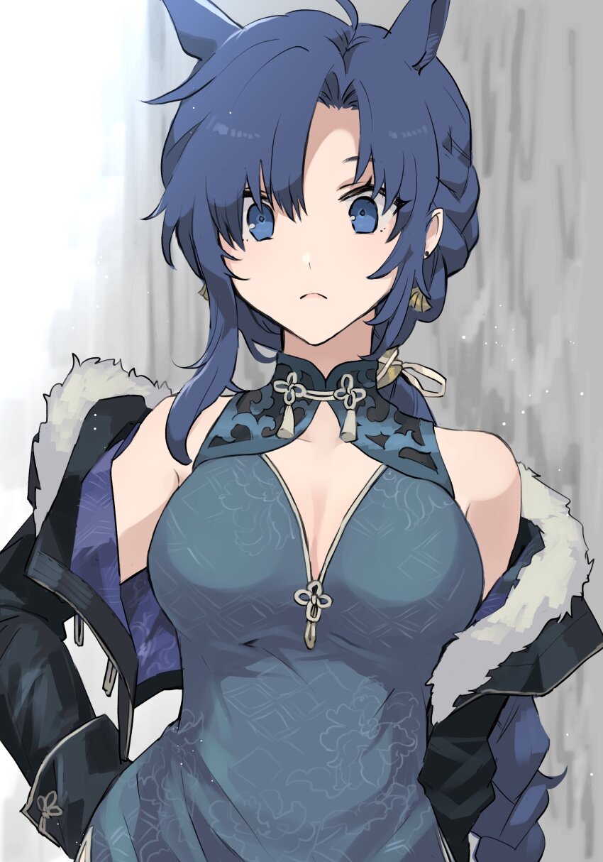 1girl absurdres animal_ears arknights bad_link bare_shoulders blue_eyes blue_hair braid breasts china_dress chinese_clothes cleavage detached_collar dress extra_ears fang_(arknights) fur-trimmed_jacket fur_trim hand_on_own_hip highres horse_ears horse_girl jacket long_hair looking_at_viewer noshima open_clothes open_jacket solo upper_body