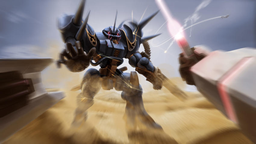 arm_cannon battle beam_saber cloud commentary commentary_request contrail desert dust flying glowing glowing_eyes gouf gundam highres johnsonwaye mecha mobile_suit_gundam motion_blur no_humans original realistic red_eyes redesign robot rx-78-2 science_fiction shield spikes weapon zeon