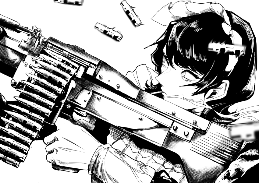 1girl aegyo_sal aiming ammunition ammunition_belt apron blurry blurry_foreground casing_ejection commentary_request finger_on_trigger firing fufu_(fufuichi04) greyscale gun highres holding holding_gun holding_weapon long_sleeves machine_gun maid maid_apron maid_headdress monochrome mouth_hold original shell_casing short_hair smoke smoking solo weapon