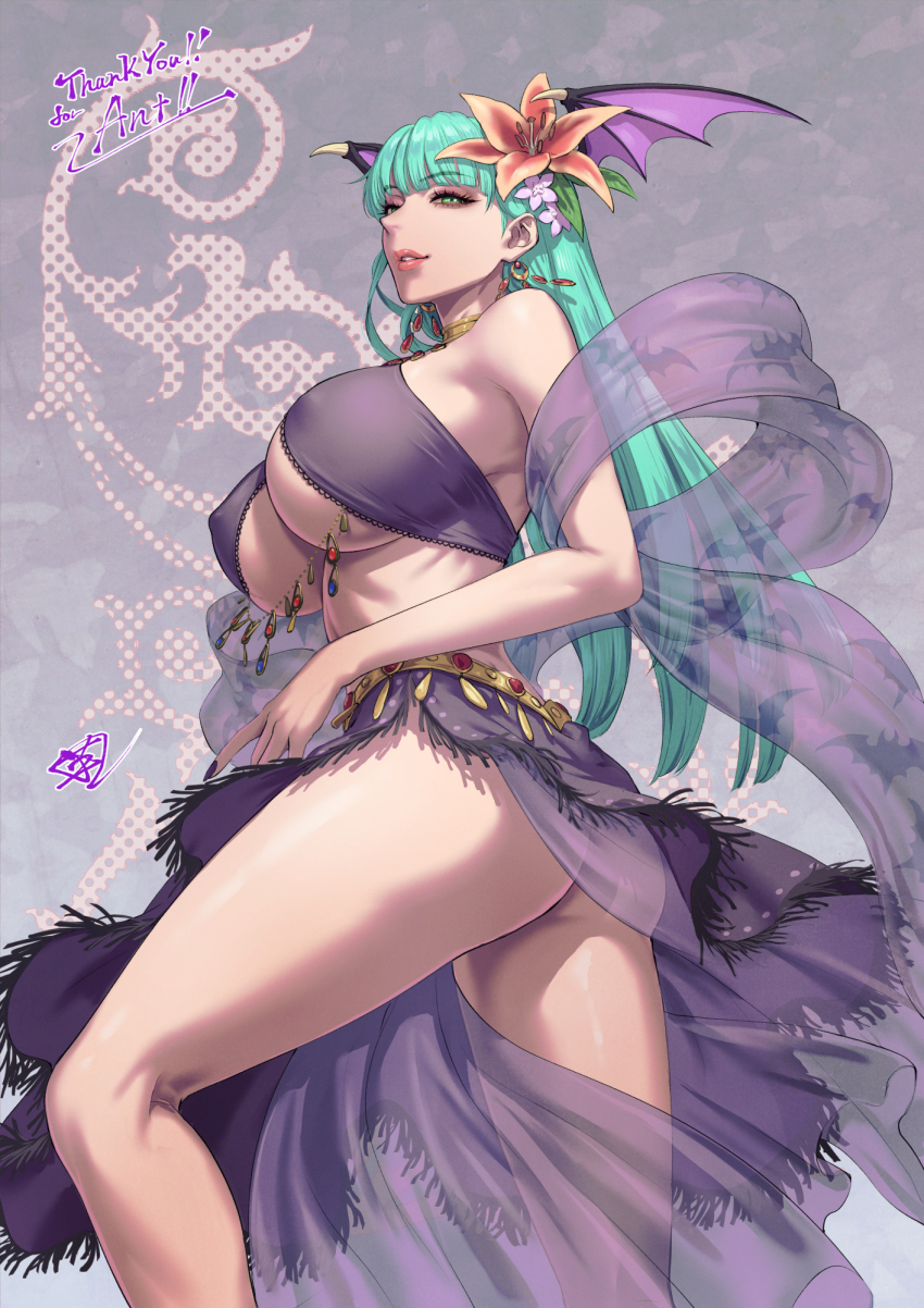 1girl animal_print aqua_hair arabian_clothes ass bare_shoulders bat_print bat_wings bikini breast_curtains breasts cleavage commission contrapposto covered_erect_nipples cross_edge darkstalkers demon_girl dress earrings english_text flower from_below from_side fujii_eishun green_eyes green_hair hair_flower hair_ornament harem_outfit head_wings highres jewelry large_breasts lips lipstick long_hair looking_at_viewer makeup morrigan_aensland navel no_panties parted_lips pelvic_curtain purple_wings revealing_clothes sideways_glance skeb_commission smile solo spread_legs standing swimsuit thank_you underboob wings