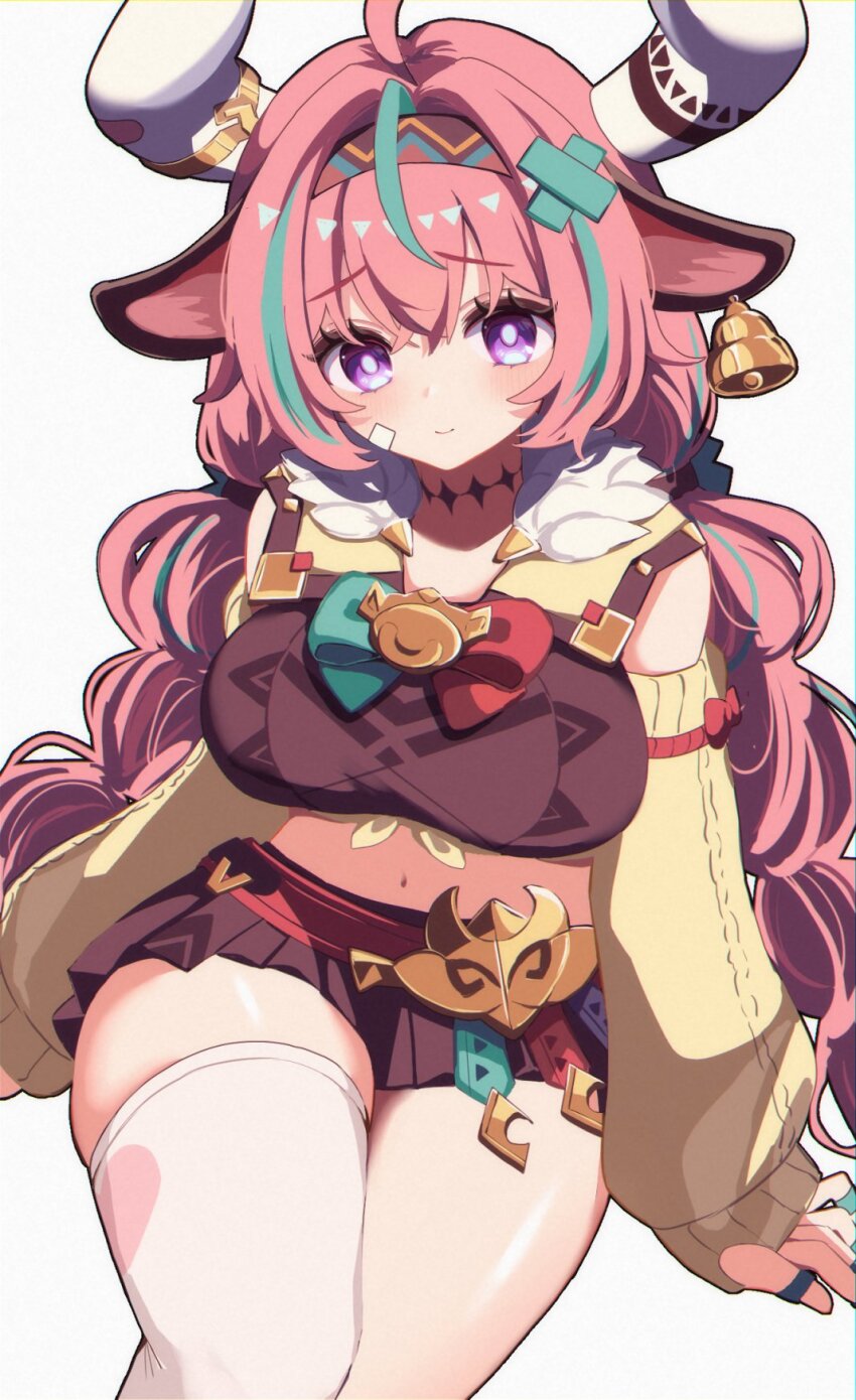 1girl ahoge akunin09 animal_ears aqua_hair bell black_skirt bow braid breasts bright_pupils cow_ears cow_girl cowbell cowboy_shot detached_sleeves fur_trim genshin_impact hairband highres horns large_breasts long_hair long_sleeves looking_at_viewer midriff multicolored_hair navel pink_hair purple_eyes simple_background single_thighhigh skirt smile streaked_hair thighhighs thighs twin_braids varesa_(genshin_impact) white_background yellow_sleeves