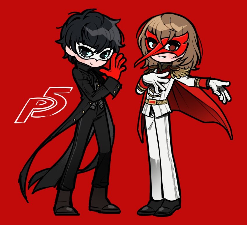 2boys akechi_gorou amamiya_ren bird_mask black_eyes black_footwear black_hair black_pants boots brown_hair cape coat epaulettes full_body gloves jacket jjjjtaaaku logo long_sleeves male_focus mask multiple_boys pants persona persona_5 red_background red_cape red_eyes red_gloves red_mask shoes simple_background standing white_gloves white_mask white_pants