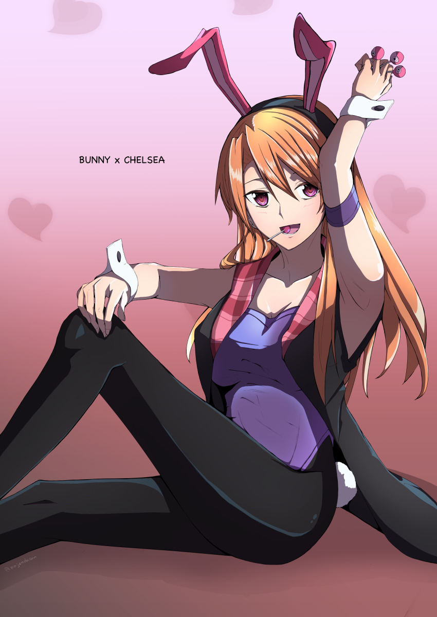 1girl :d absurdres akame_ga_kill! animal_ears arm_strap arm_up armpits black_hairband black_pantyhose brown_hair candy character_name chelsea_(akame_ga_kill!) fake_animal_ears fake_tail food gradient_background hair_between_eyes hairband hand_on_own_knee heart highleg highleg_leotard highres leotard lollipop long_hair looking_at_viewer najendasan open_mouth pantyhose pink_background playboy_bunny purple_leotard rabbit_ears rabbit_girl rabbit_tail red_eyes sitting smile solo strapless strapless_leotard tail twitter_username very_long_hair wrist_cuffs