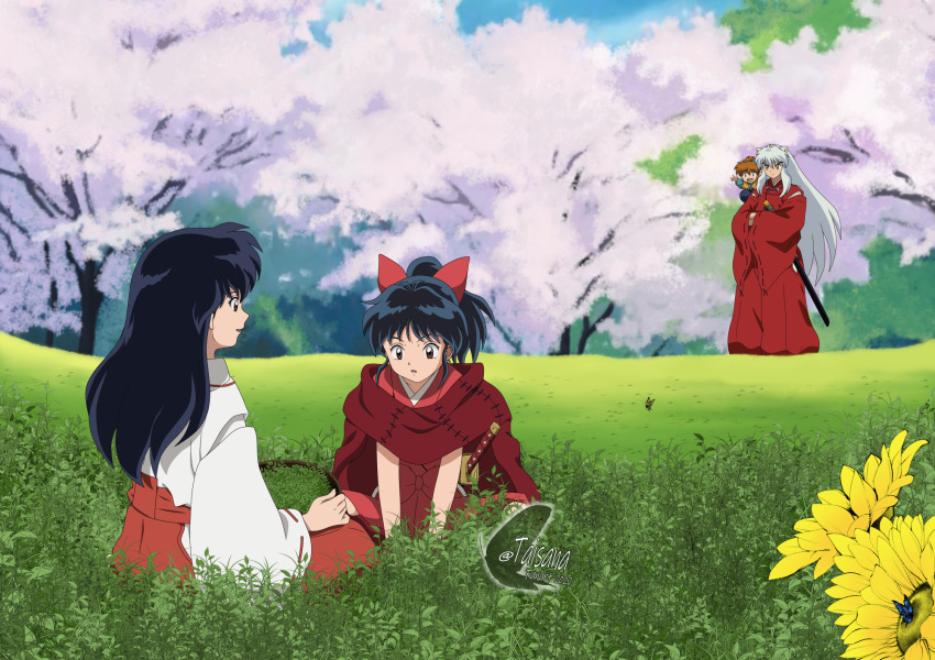 2boys 2girls animal_ears black_hair bow brown_eyes brown_hair bug butterfly cat_ears commentary day english_commentary flower grass hair_bow hakama han&#039;you_no_yashahime highres higurashi_kagome insect inuyasha inuyasha_(character) japanese_clothes katana kimono long_hair looking_at_another moroha_(inuyasha) mother_and_daughter multiple_boys multiple_girls open_mouth outdoors ponytail red_bow red_hakama red_kimono red_ribbon ribbon ribbon-trimmed_sleeves ribbon_trim sheath sheathed shippou_(inuyasha) straight_hair sword taisana twitter_username very_long_hair watermark weapon white_hair white_kimono yellow_flower