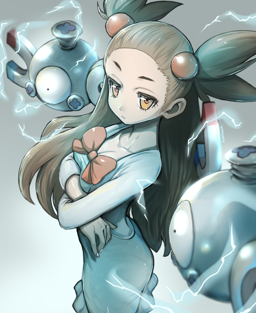 1girl absurdres brown_eyes brown_hair clip_studio_paint_(medium) collarbone creatures_(company) crossed_arms electricity eudetenis game_freak gen_1_pokemon gradient_background grey_background hair_bobbles hair_ornament highres jasmine_(pokemon) looking_at_viewer magnemite nintendo one-eyed pokemon pokemon_(creature) pokemon_hgss