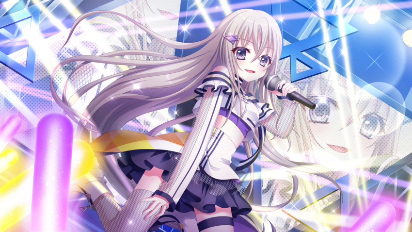 1girl bare_shoulders black_skirt boots breasts concert crop_top dot_nose film_grain fishnet_thighhighs fishnets from_below game_cg glowstick grey_hair hair_ornament hairclip holding holding_microphone idol idol_clothes izumi_tsubasu laser lens_flare long_hair looking_at_viewer microphone midriff non-web_source official_art open_mouth purple_eyes re:stage! sakura_miu screen sidelocks skirt small_breasts smile solo sparkle stage_lights standing standing_on_one_leg straight_hair thighhighs very_long_hair white_footwear