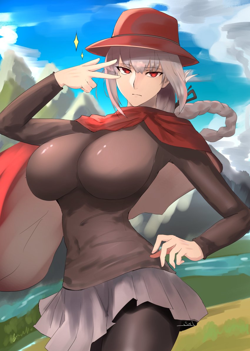 1girl absurdres blue_sky breasts brown_pantyhose brown_shirt commission fate/grand_order fate_(series) florence_nightingale_(fate) florence_nightingale_(traveling_outfit)_(fate) grey_skirt hat heroic_spirit_traveling_outfit highres kasumi_saika large_breasts long_hair long_sleeves looking_at_viewer mountain pantyhose pink_hair red_eyes red_hat red_scarf river scarf shirt skeb_commission skirt sky solo sparkle w