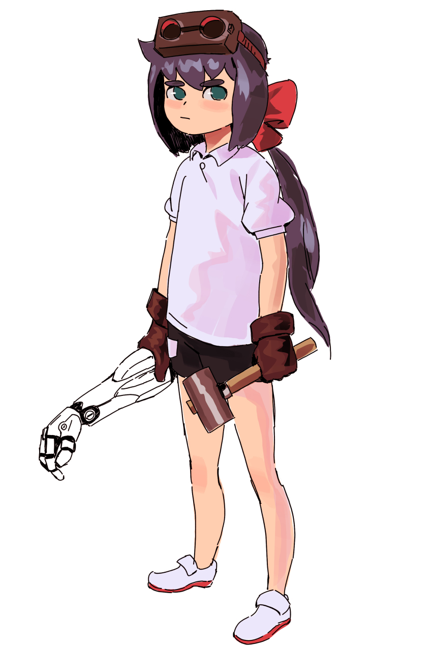 1girl absurdres black_shorts bow collared_shirt constanze_amalie_von_braunschbank-albrechtsberger detached_arm gloves green_eyes h_(7503971) hair_between_eyes hair_bow highres holding_tool little_witch_academia long_hair looking_at_viewer mechanical_arms red_bow shirt shorts simple_background solo thick_eyebrows white_background white_shirt