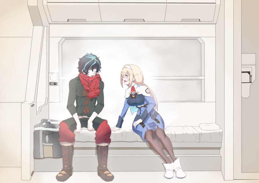 1boy 1girl ao-yume black_hair blonde_hair blue_dress boots capelet dress edge_sainklaus jacket unworn_jacket long_hair low_twintails mitsuba_greyvalley multicolored_hair on_bed pantyhose scarf sitting streaked_hair super_robot_wars super_robot_wars_30 twintails