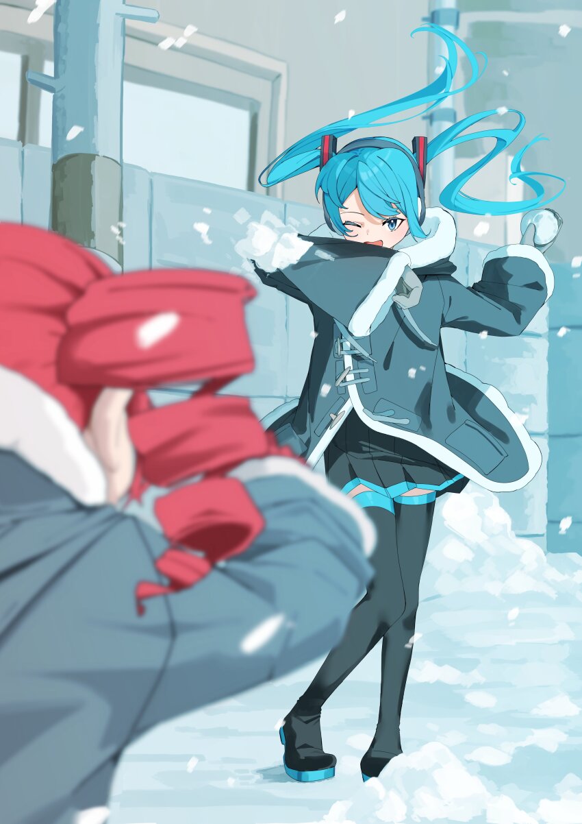 2girls absurdres alternate_costume black_footwear black_thighhighs blue_coat blue_eyes blue_hair boots coat earmuffs floating_hair from_behind fur-trimmed_coat fur_trim hashtag-only_commentary hatsune_miku highres holding holding_snowball house kasane_teto long_hair long_sleeves looking_at_viewer miniskirt multiple_girls nun178089 one_eye_closed outdoors pleated_skirt red_hair skirt sleeves_past_elbows snow snowball snowball_fight snowing thigh_boots thighhighs twintails utau vocaloid winter winter_gloves zettai_ryouiki