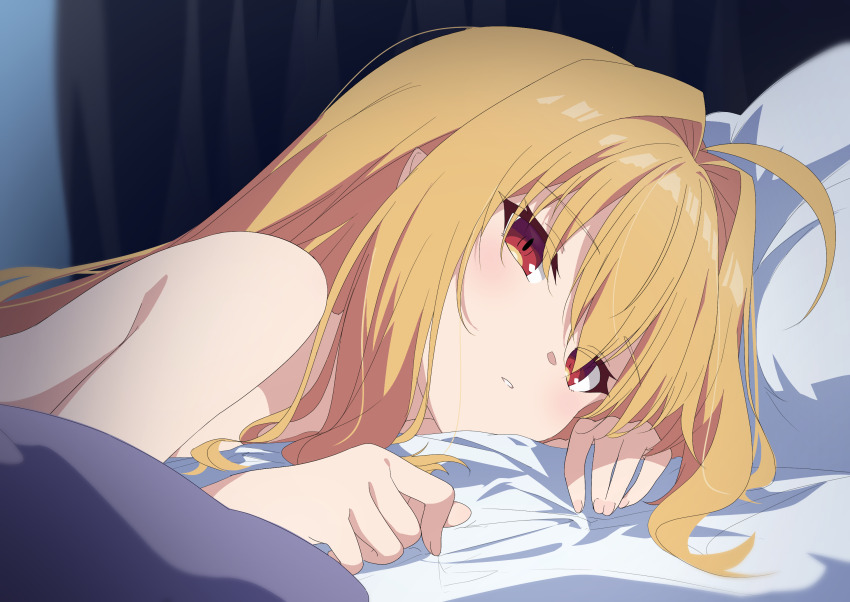 1girl ahoge bed bed_sheet blonde_hair blush close-up commentary eyes_visible_through_hair hair_between_eyes hair_intakes hair_spread_out highres hikikomari_kyuuketsuki_no_monmon indoors long_hair looking_at_viewer lying nude on_bed on_stomach parted_lips pillow pointy_ears red_eyes sheet_grab solo suwakana terakomari_gandezblood